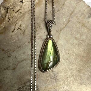 Sterling Silver 925 Bezel Set Labradorite Pendant Necklace 18.5" Box Chain
